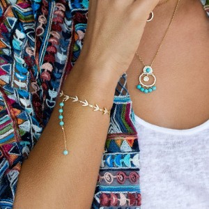 Yellow Silver Laurel Leaves Bracelet With Turquoise Beads
