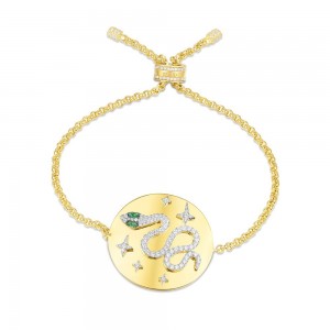 Yellow Silver Uraeus Bracelet With Green Nano Zirconia Stone