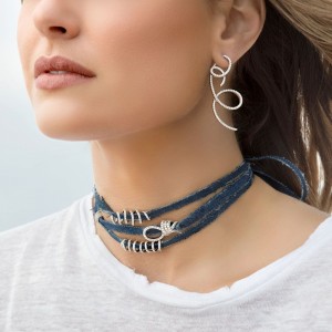 Denim Choker Bracelet With Silver Mini Rings