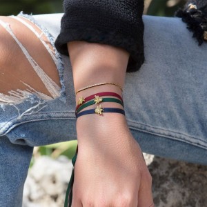 Blue Satin Choker Bracelet With Yellow Silver Bumble Bee