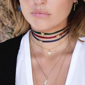 Green Satin Choker Bracelet With Yellow Silver Bumble Bee