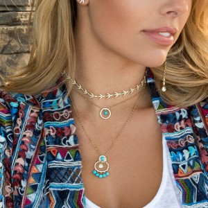 Yellow Silver Double Strand Necklace With Turquoise Beads