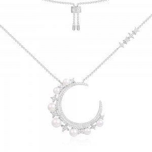 Silver Moon Necklace With Baby Pearls