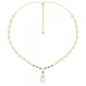 Yellow Silver Laurel Leaves Necklace With Pearl & Turquoise Beads