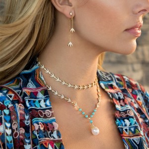 Yellow Silver Laurel Leaves Necklace With Pearl & Turquoise Beads