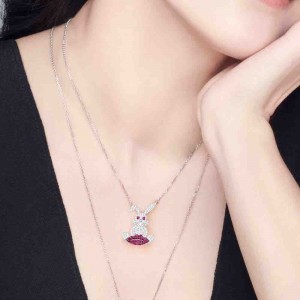 Silver Rabbit With Red Lip Necklace